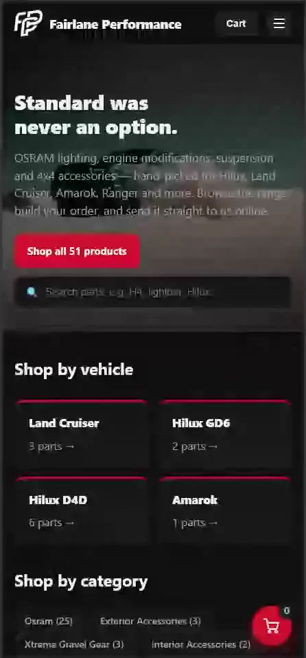 Fairlane Performance home page on a phone: hero, shop by vehicle and categories