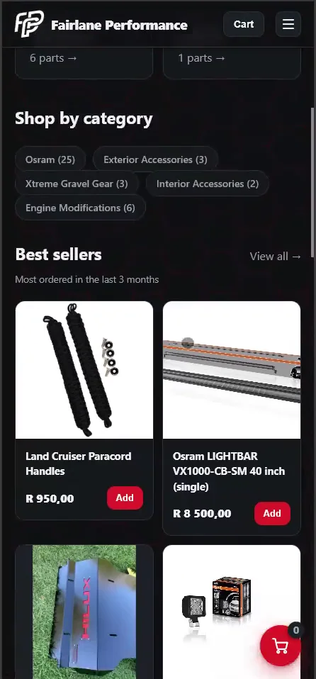 Best sellers product grid on a phone, with prices and Add buttons