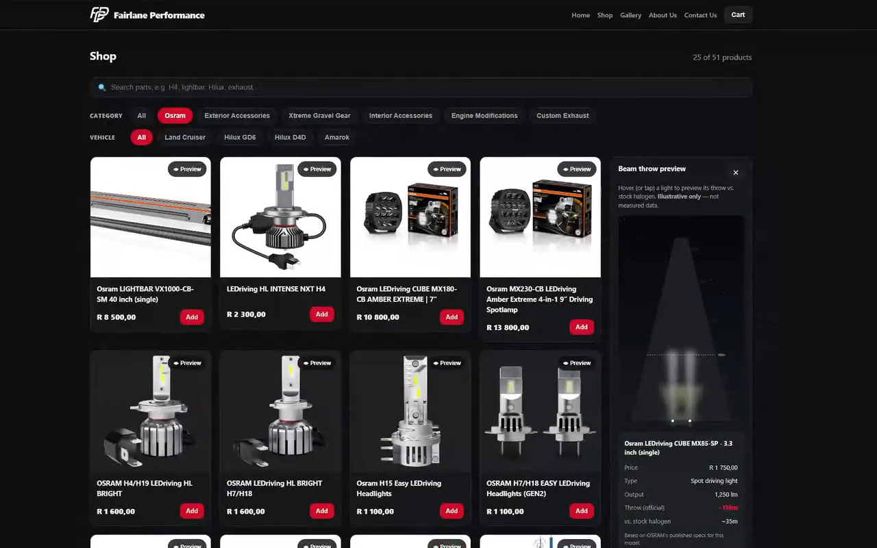The Fairlane Performance shop page with category and vehicle filters